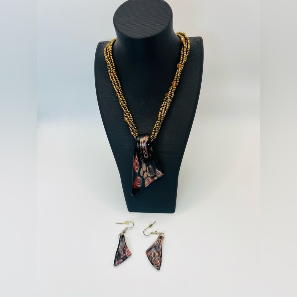 Vintage Glass Pendant Necklace & Matching Earrings Set Boho Artisan Style